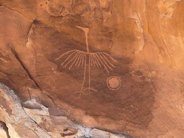 Ancestral Puebloan petroglyph panel with crane figures