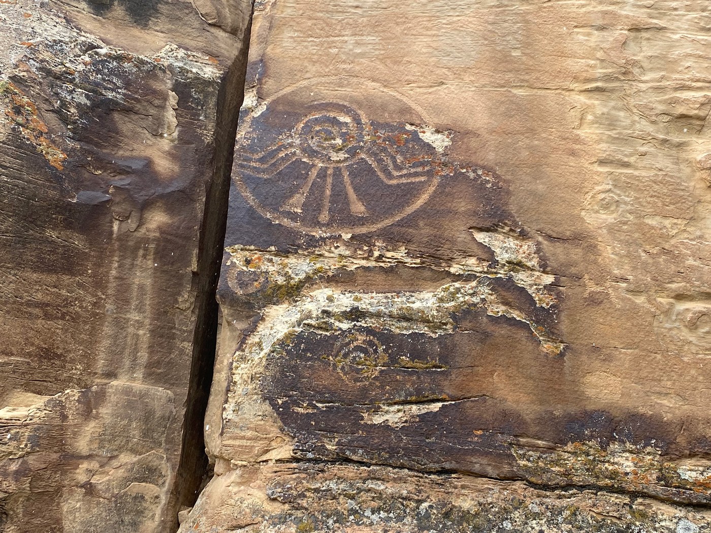 Circular shield figure with a spiral design and outstretched arms, beside a smaller spiral on dark desert varnish