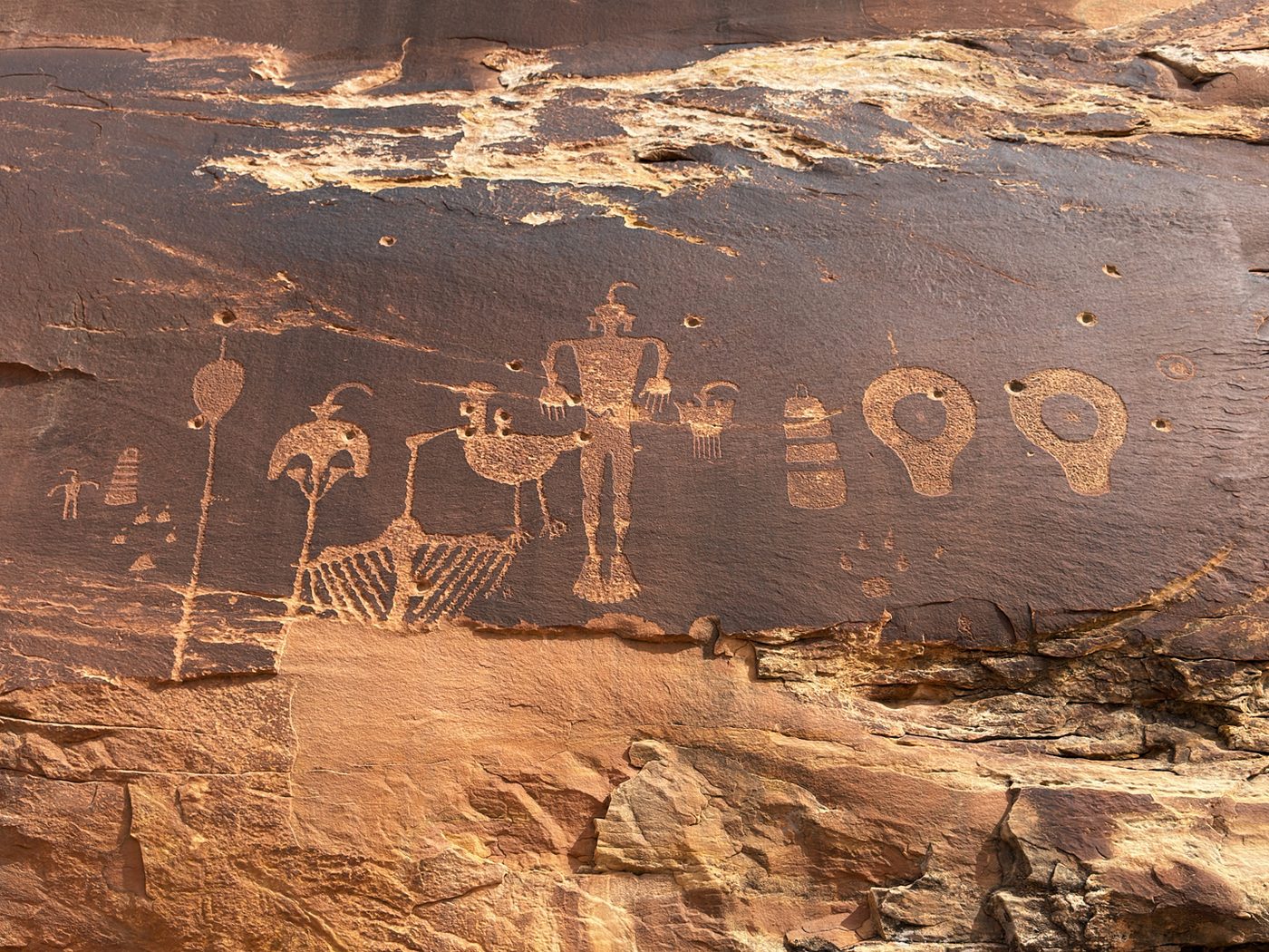 Petroglyph panel with a large human figure, birds, plant-like forms and round shapes, some marked by bullet holes